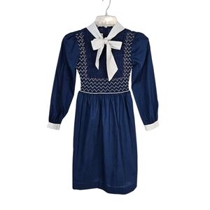 Vintage Polly Flinders Blue Smocked Heirloom Dress With Bow